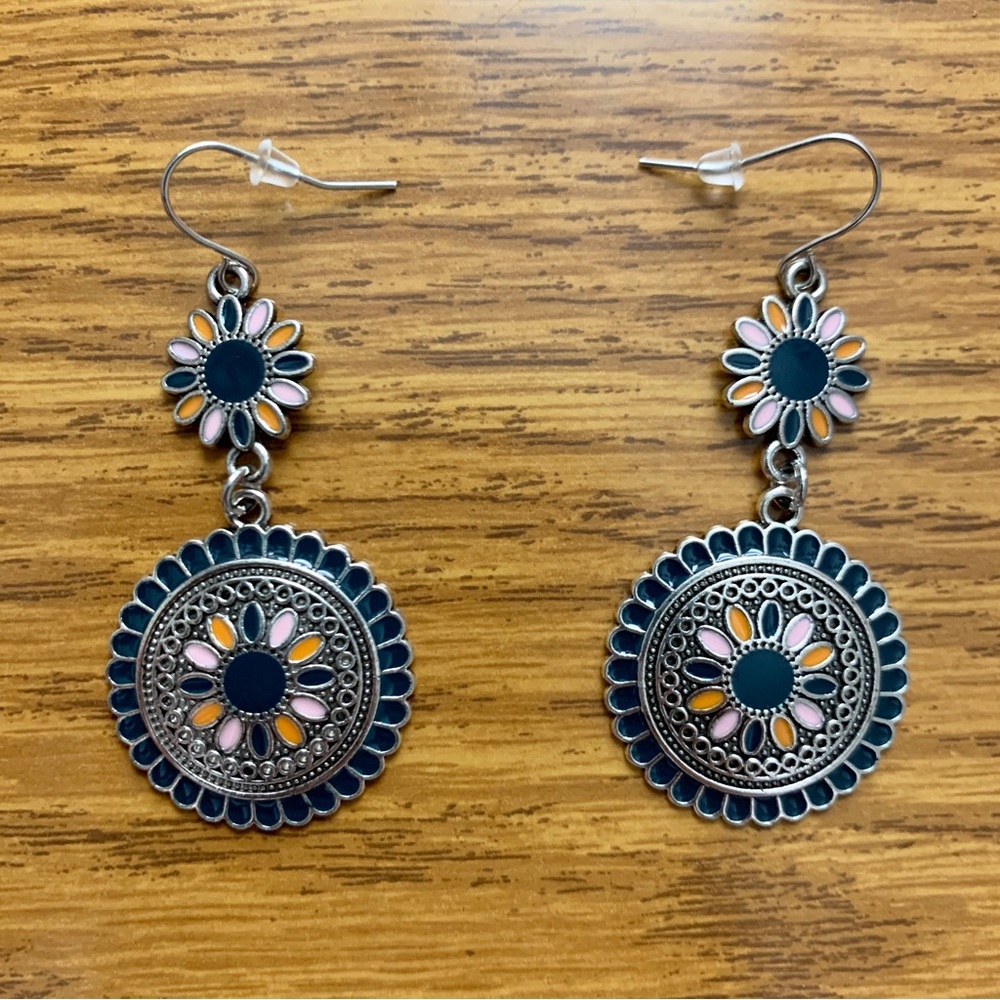 Boho Floral Navy Silver Drop Earrings
